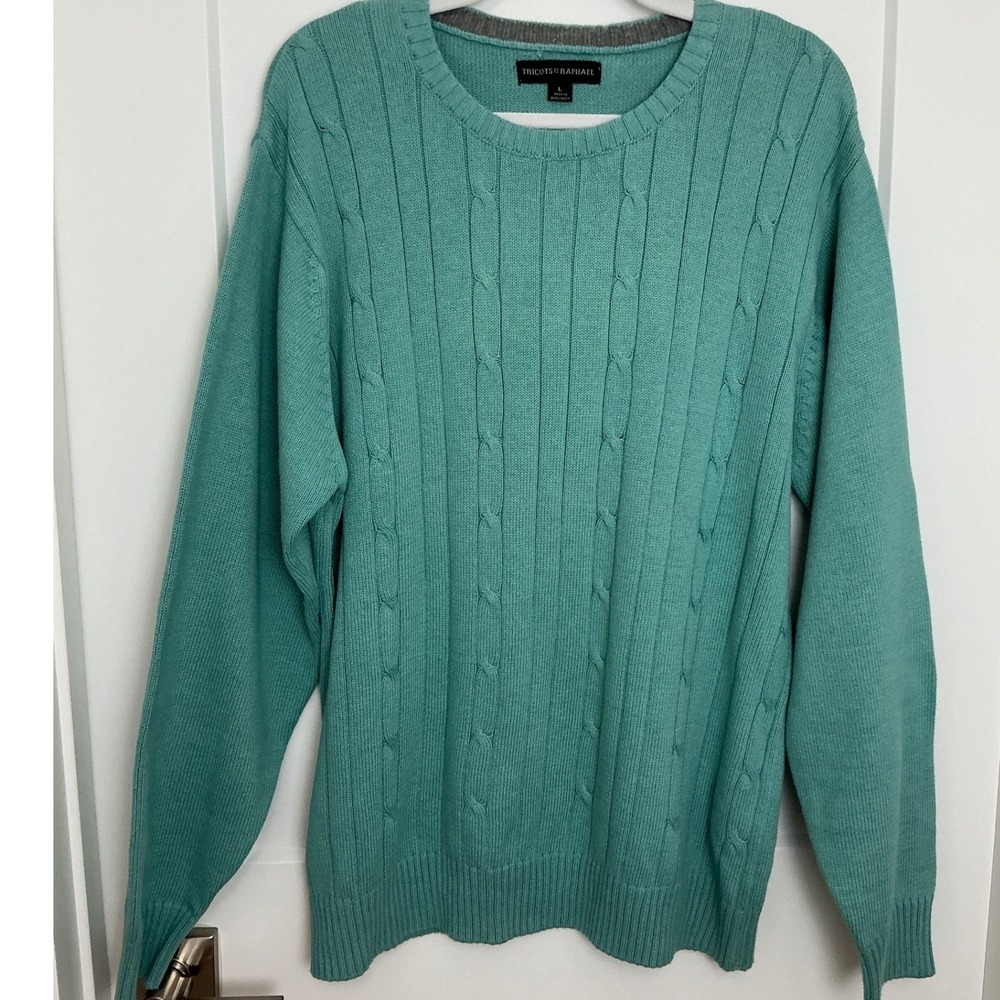 Tricots St Raphael Mens Mint Seafoam Cotton Cable Knit Crew Sweater Coastal Luxe